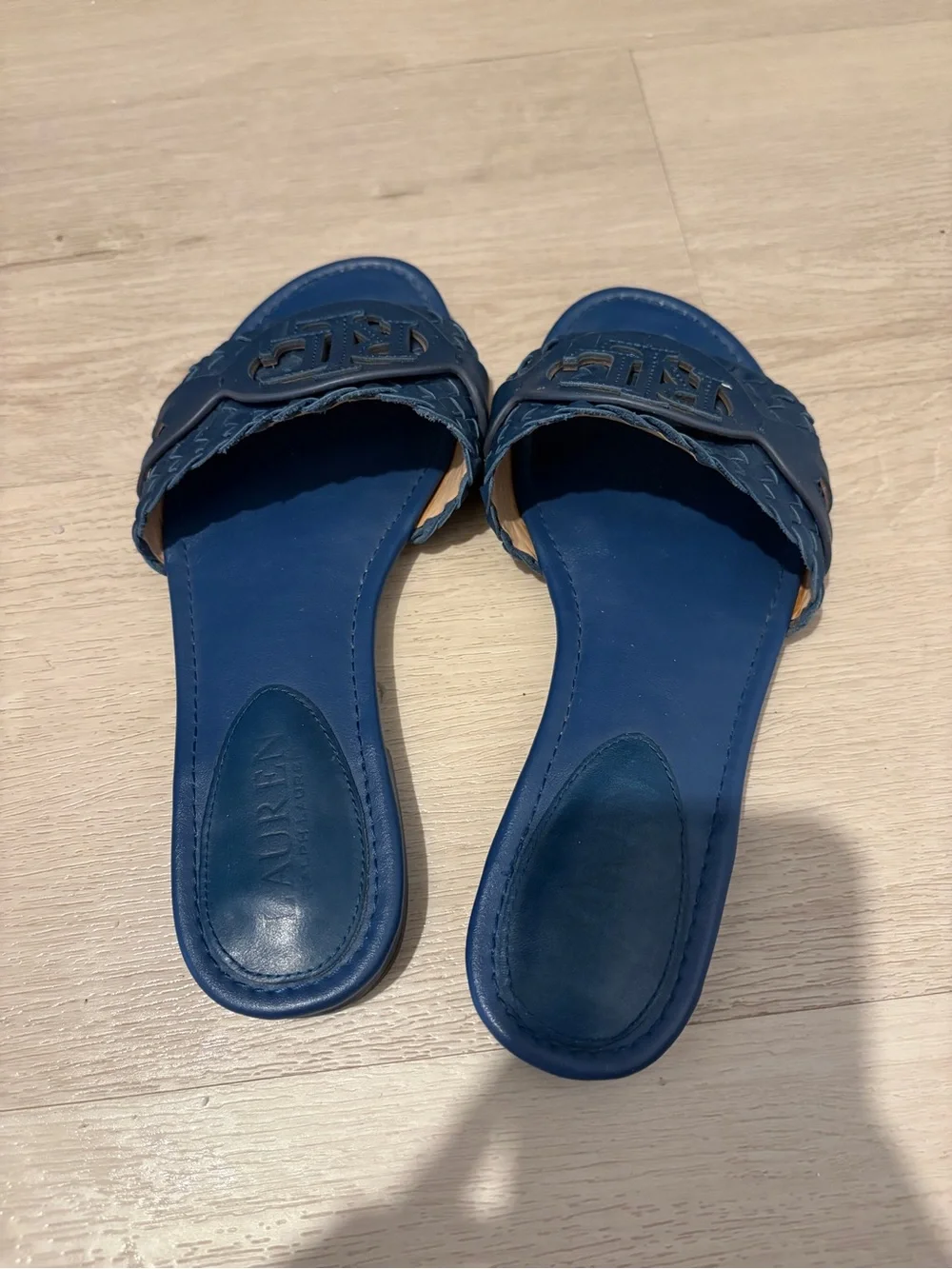 Ralph Lauren Blue Braided RL Logo Leather Slide Sandals